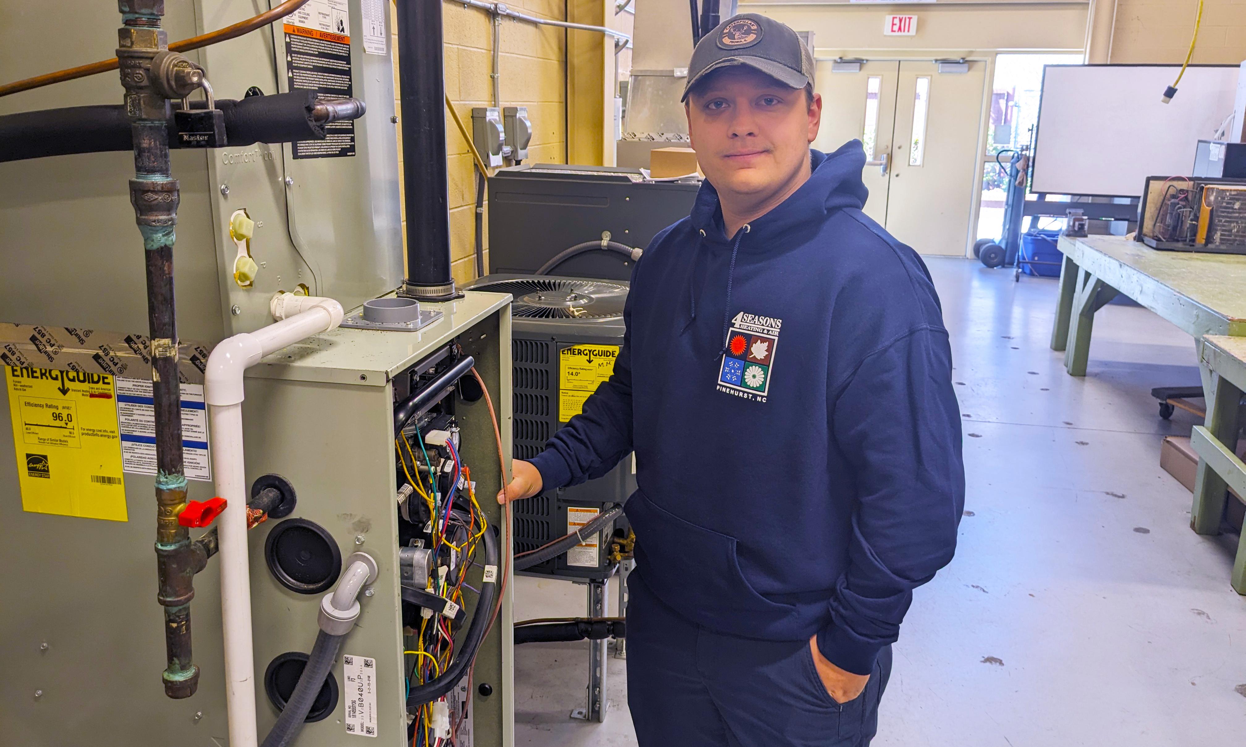 HVAC student Bryan Stevens in the HVAC lab.