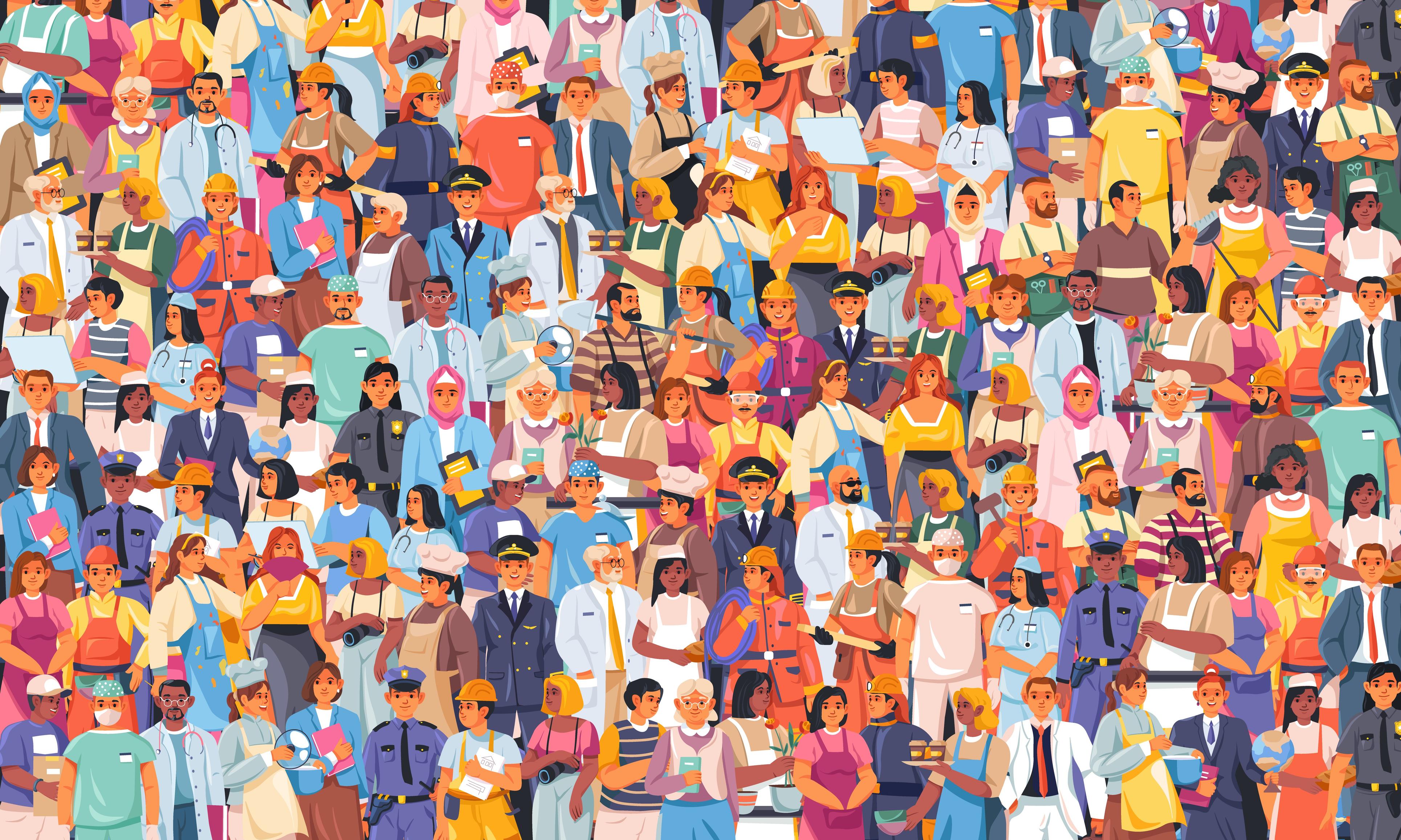 a cartoon image of many people in a wide variety of career uniforms